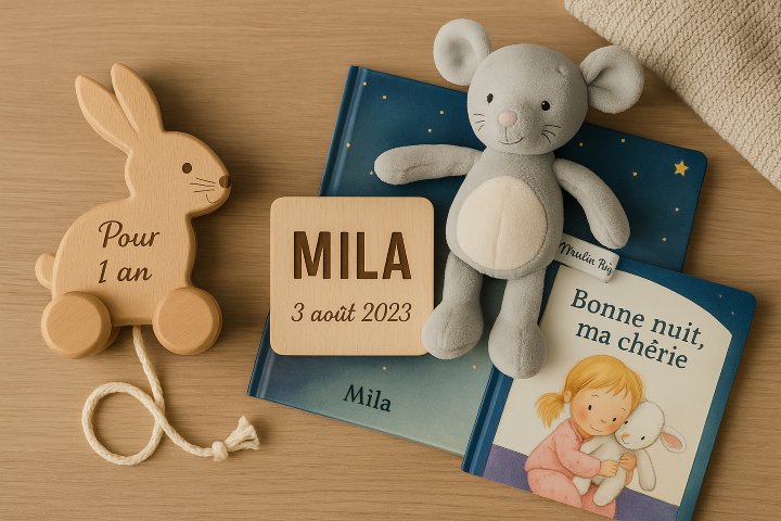 Cadeau 1 an filleule – jouets personnalisés avec prénom, doudou, plaque gravée, livres et lapin à tirer pour un anniversaire inoubliable